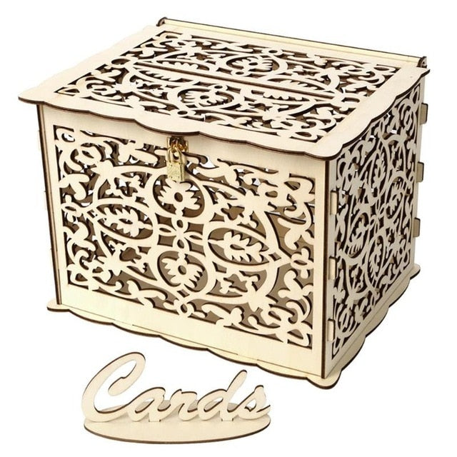 DIY Wedding Gift Card Box Wooden Money Box with Lock Beautiful Wedding Decoration Birthday Party Supplies